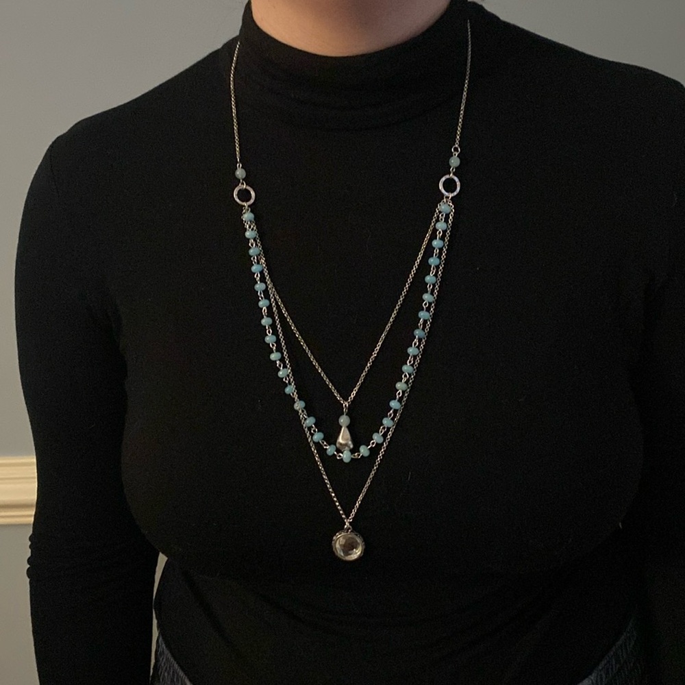 Stacked beaded necklace. Crystal and silver colored pendantnt. 29”. NWT